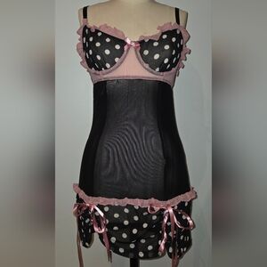 Chic Black and Pink Polka Dot Mesh Lingerie